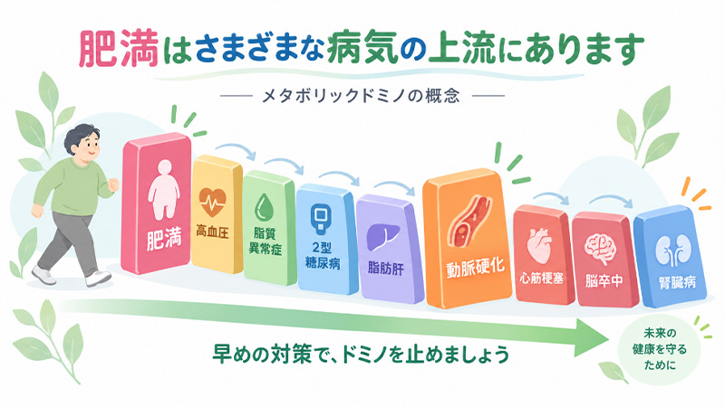 肥満から連鎖するメタボリックドミノのイラスト